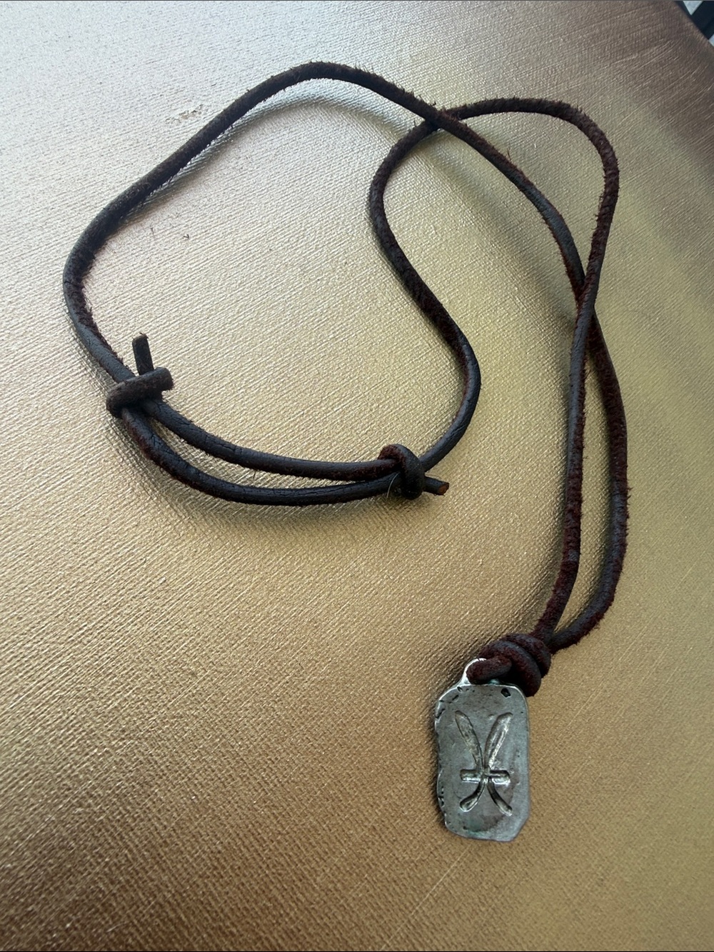 PISCES symbol handcrafted carved pewter pendant - brown leather cord necklace